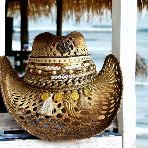 decorated hat, hats decorated in Colombia, personalized hats made from iraca palm, handmade hats with embroidery, test1234, Decorated Mix Cowboy Woven Hat Natural Color