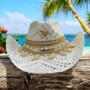 decorated hat, hats decorated in Colombia, personalized hats made from iraca palm, handmade hats with embroidery, test1234, Snowy White Openwork Cowboy Hat