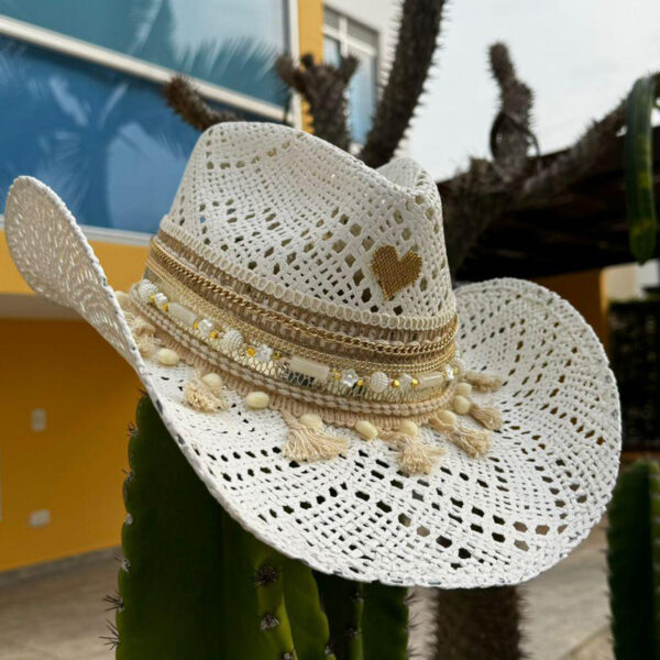 decorated hat, hats decorated in Colombia, personalized hats made from iraca palm, handmade hats with embroidery, test1234, Snowy White Openwork Cowboy Hat