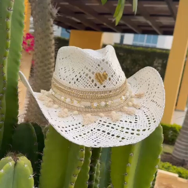 decorated hat, hats decorated in Colombia, personalized hats made from iraca palm, handmade hats with embroidery, test1234, Snowy White Openwork Cowboy Hat