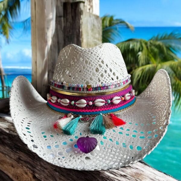 decorated hat, hats decorated in Colombia, personalized hats made from iraca palm, handmade hats with embroidery, test1234, Snowy White Openwork Cowboy Hat