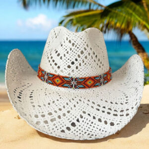 decorated hat, hats decorated in Colombia, personalized hats made from iraca palm, handmade hats with embroidery, test1234, Snowy White Openwork Cowboy Hat