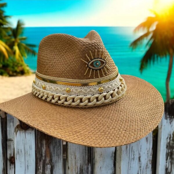 decorated hat, hats decorated in Colombia, personalized hats made from iraca palm, handmade hats with embroidery, test1234, Sunshine Brown Indiana Hat