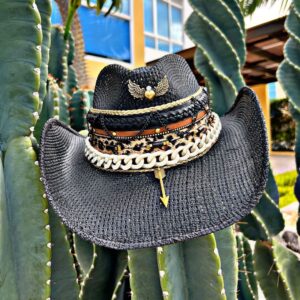 decorated hat, hats decorated in Colombia, personalized hats made from iraca palm, handmade hats with embroidery, test1234, Womens Black Iraca Cowboy Hat