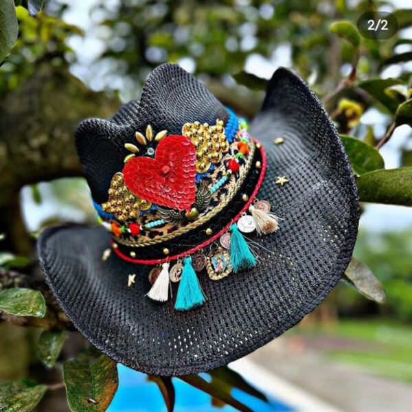 decorated hat, hats decorated in Colombia, personalized hats made from iraca palm, handmade hats with embroidery, test1234, Womens Openwork Hat Amour Dark