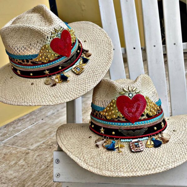 decorated hat, hats decorated in Colombia, personalized hats made from iraca palm, handmade hats with embroidery, test1234, Amour Indiana Decorated Hat Natural Color