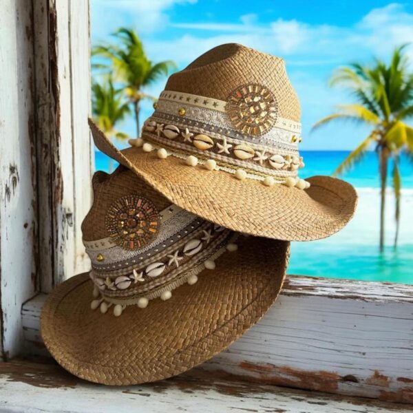 decorated hat, hats decorated in Colombia, personalized hats made from iraca palm, handmade hats with embroidery, test1234, Aztec Brown Cowboy Hat