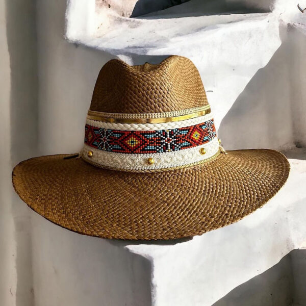 decorated hat, hats decorated in Colombia, personalized hats made from iraca palm, handmade hats with embroidery, test1234, Aztec Brown Indiana Hat