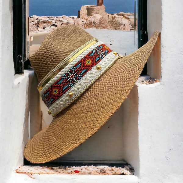 decorated hat, hats decorated in Colombia, personalized hats made from iraca palm, handmade hats with embroidery, test1234, Aztec Brown Indiana Hat