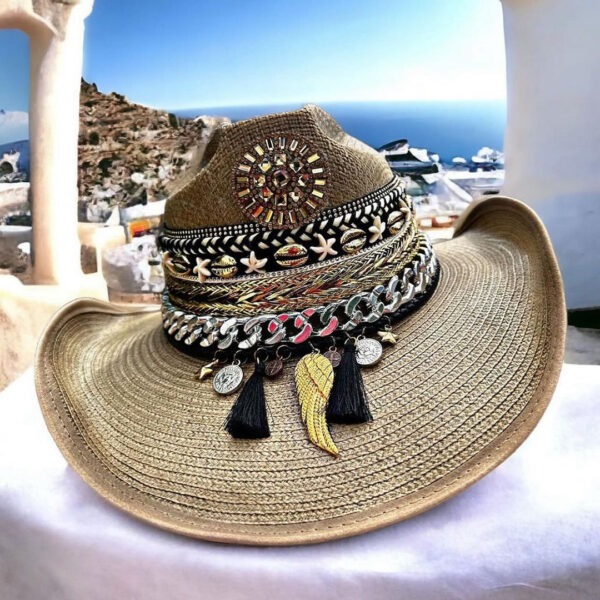 decorated hat, hats decorated in Colombia, personalized hats made from iraca palm, handmade hats with embroidery, test1234, Aztec Cowboy Hat
