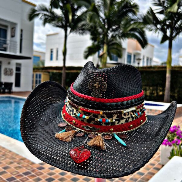 decorated hat, hats decorated in Colombia, personalized hats made from iraca palm, handmade hats with embroidery, test1234, Black Iraca Cowboy Hat