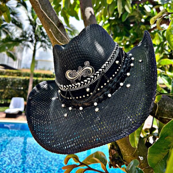 decorated hat, hats decorated in Colombia, personalized hats made from iraca palm, handmade hats with embroidery, test1234, Black Iraca Straw Cutout Hat For Women