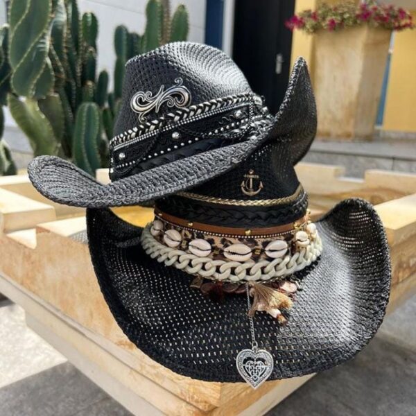 decorated hat, hats decorated in Colombia, personalized hats made from iraca palm, handmade hats with embroidery, test1234, Black Iraca Straw Cutout Hat For Women