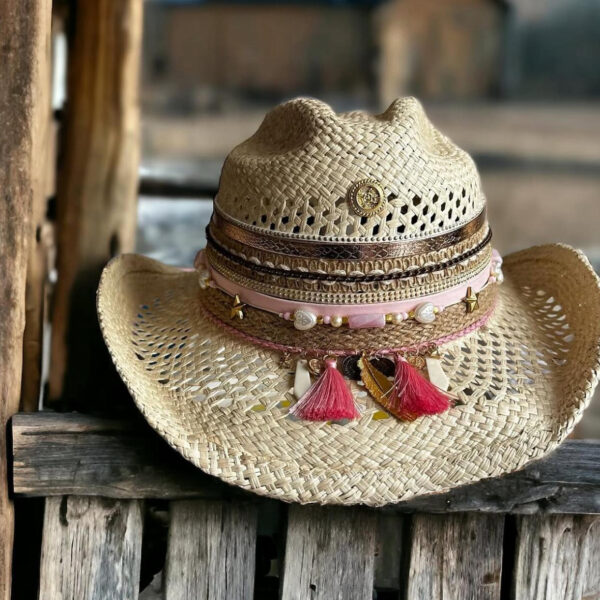 decorated hat, hats decorated in Colombia, personalized hats made from iraca palm, handmade hats with embroidery, test1234, Boho Rosse Decorated Cowboy Woven Hat