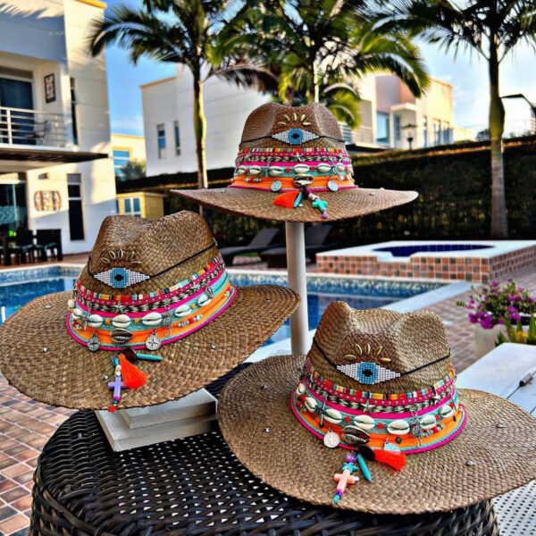 decorated hat, hats decorated in Colombia, personalized hats made from iraca palm, handmade hats with embroidery, test1234, Brown Indiana Hat With Lucky Eye Rosse
