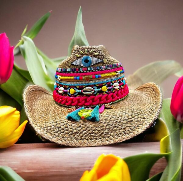 decorated hat, hats decorated in Colombia, personalized hats made from iraca palm, handmade hats with embroidery, test1234, Brown Ojito Rainbow Cowboy Hat