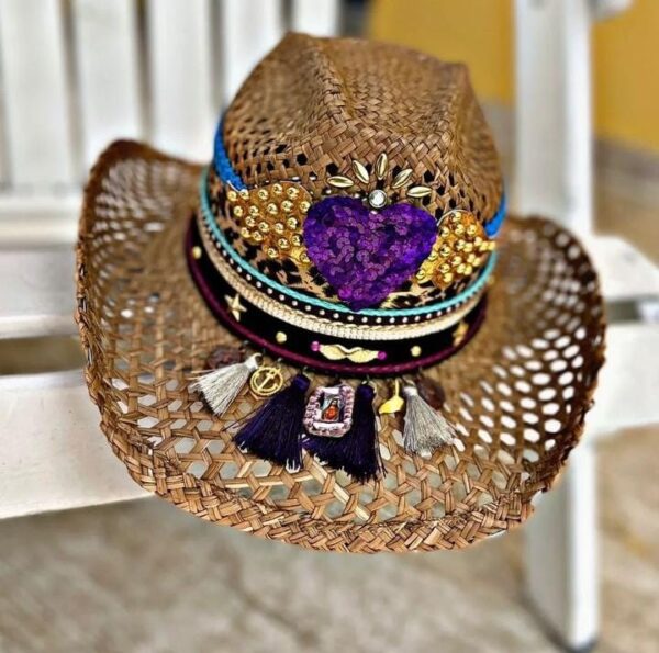 decorated hat, hats decorated in Colombia, personalized hats made from iraca palm, handmade hats with embroidery, test1234, Brown Openwork Hat Grape Heart