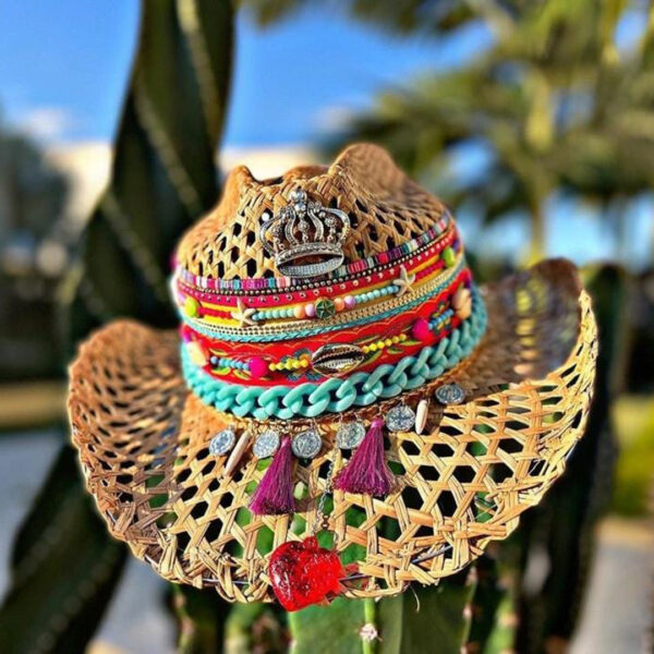 decorated hat, hats decorated in Colombia, personalized hats made from iraca palm, handmade hats with embroidery, test1234, Brown Openwork Queen Hat
