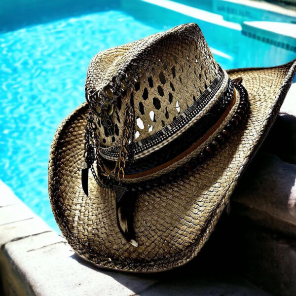 decorated hat, hats decorated in Colombia, personalized hats made from iraca palm, handmade hats with embroidery, test1234, Brown Openwork Texan Cowboy Hat
