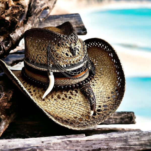decorated hat, hats decorated in Colombia, personalized hats made from iraca palm, handmade hats with embroidery, test1234, Brown Openwork Texan Cowboy Hat