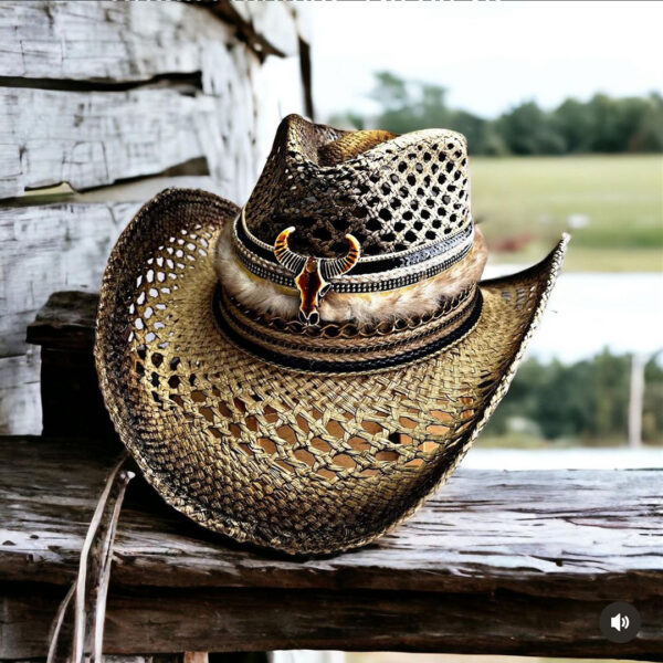 decorated hat, hats decorated in Colombia, personalized hats made from iraca palm, handmade hats with embroidery, test1234, Brown Openwork Texan Cowboy Hat
