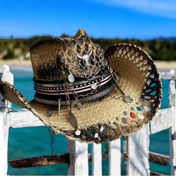 decorated hat, hats decorated in Colombia, personalized hats made from iraca palm, handmade hats with embroidery, test1234, Bull Brown Openwork Cowboy Hat