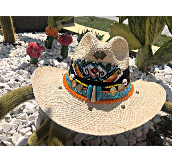 decorated hat, hats decorated in Colombia, personalized hats made from iraca palm, handmade hats with embroidery, test1234, Decorated Indiana Hat For Women