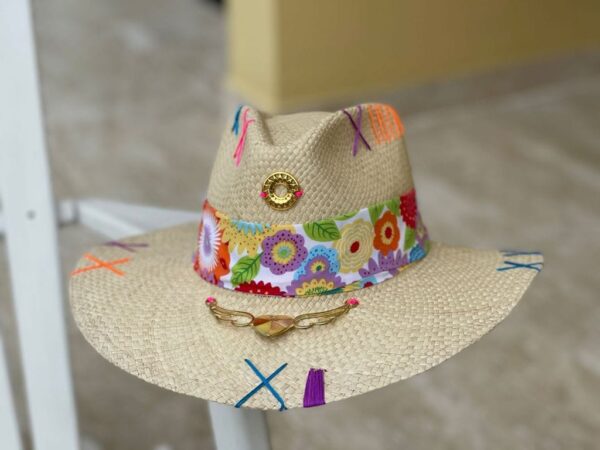 decorated hat, hats decorated in Colombia, personalized hats made from iraca palm, handmade hats with embroidery, test1234, Decorated Indiana Hat For Women