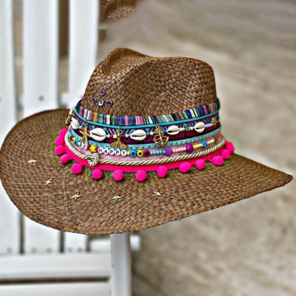 decorated hat, hats decorated in Colombia, personalized hats made from iraca palm, handmade hats with embroidery, test1234, Decorated Indiana Hat For Women