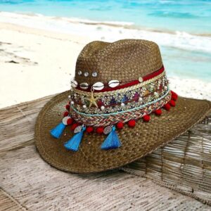 decorated hat, hats decorated in Colombia, personalized hats made from iraca palm, handmade hats with embroidery, test1234, Decorated Natural Brown Morocco Indiana Hat