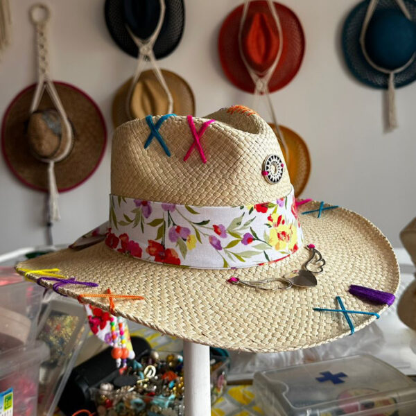decorated hat, hats decorated in Colombia, personalized hats made from iraca palm, handmade hats with embroidery, test1234, Floral Tribe Indiana Hat