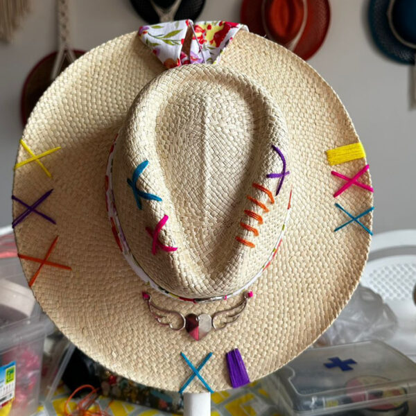 decorated hat, hats decorated in Colombia, personalized hats made from iraca palm, handmade hats with embroidery, test1234, Floral Tribe Indiana Hat
