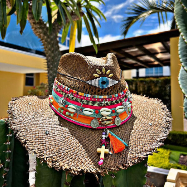 decorated hat, hats decorated in Colombia, personalized hats made from iraca palm, handmade hats with embroidery, test1234, Frayed Brown Indiana Hat With Lucky Eye