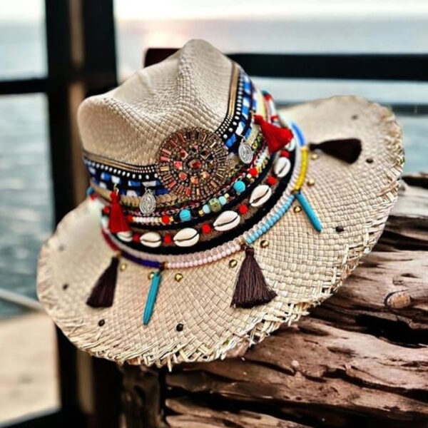 decorated hat, hats decorated in Colombia, personalized hats made from iraca palm, handmade hats with embroidery, test1234, Frayed Indiana Hat Aztec