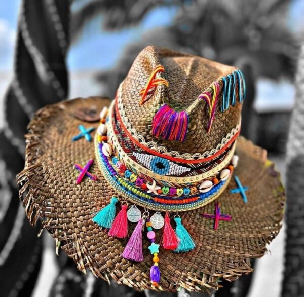 decorated hat, hats decorated in Colombia, personalized hats made from iraca palm, handmade hats with embroidery, test1234, Frayed Indiana Tribe Hat