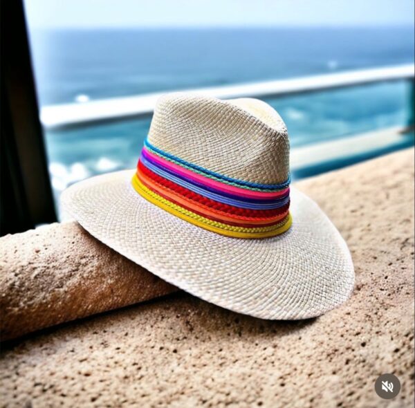 decorated hat, hats decorated in Colombia, personalized hats made from iraca palm, handmade hats with embroidery, test1234, Indiana Hat Colour Splash In Natural Color