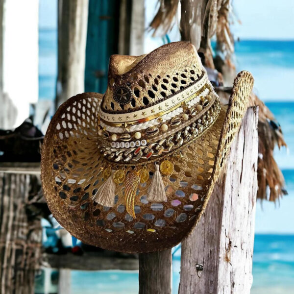 decorated hat, hats decorated in Colombia, personalized hats made from iraca palm, handmade hats with embroidery, test1234, Decorated Mix Cowboy Woven Hat Natural Color