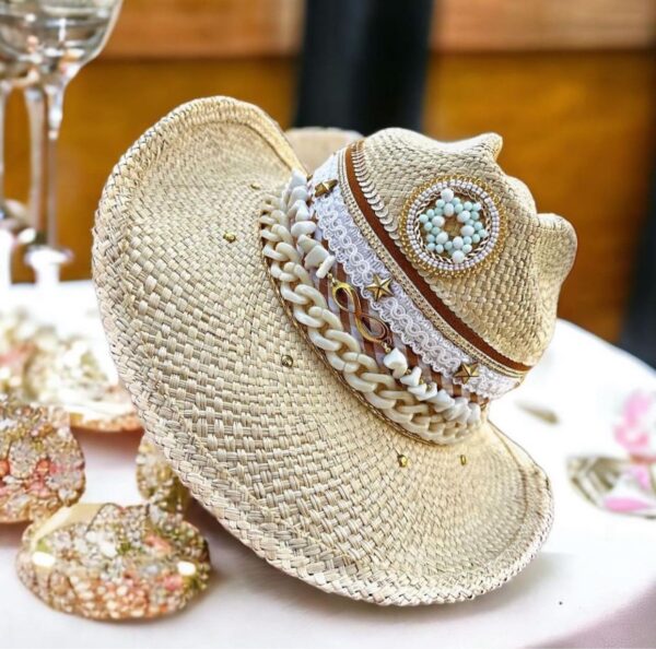 decorated hat, hats decorated in Colombia, personalized hats made from iraca palm, handmade hats with embroidery, test1234, Shell Natural Cowboy Hat