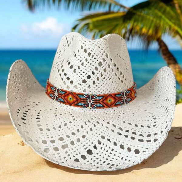decorated hat, hats decorated in Colombia, personalized hats made from iraca palm, handmade hats with embroidery, test1234, Snowy White Openwork Cowboy Hat