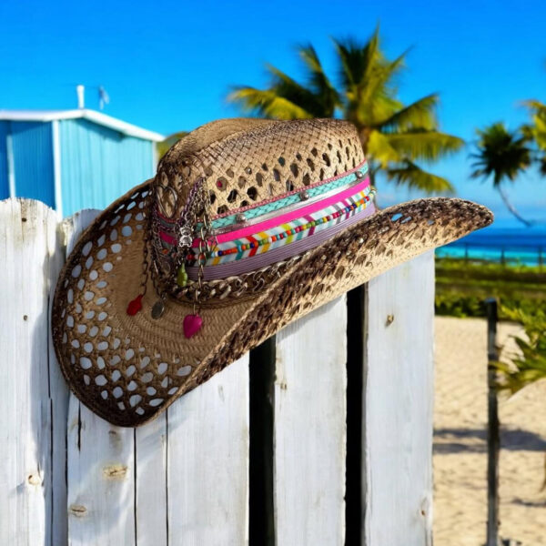 decorated hat, hats decorated in Colombia, personalized hats made from iraca palm, handmade hats with embroidery, test1234, decorated Texan Cowboy Woven Hat Heart Brown