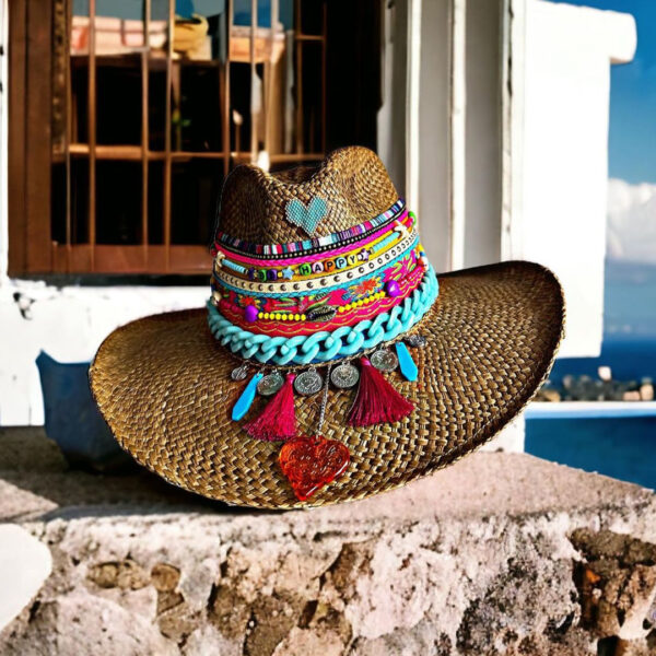 decorated hat, hats decorated in Colombia, personalized hats made from iraca palm, handmade hats with embroidery, test1234, Vintage Brown Indiana Hat