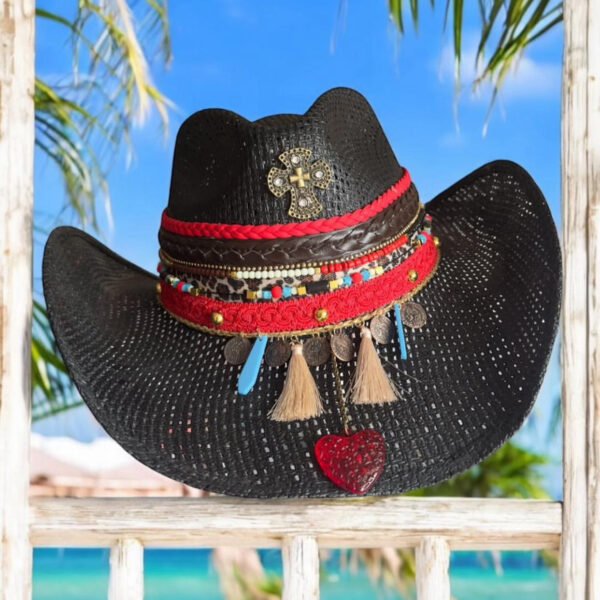 decorated hat, hats decorated in Colombia, personalized hats made from iraca palm, handmade hats with embroidery, test1234, Black rock cross cowboy hat 250316001 00001