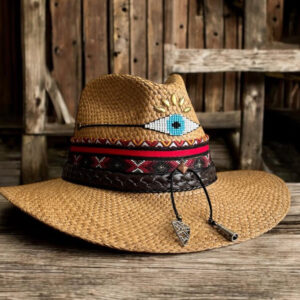 decorated hat, hats decorated in Colombia, personalized hats made from iraca palm, handmade hats with embroidery, test1234, Congo Brown Indiana Hat with Lucky Evil Eye 250325001 00001
