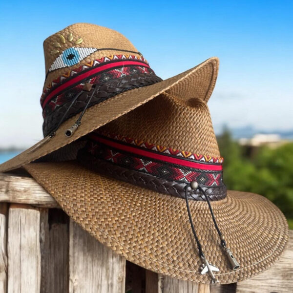 decorated hat, hats decorated in Colombia, personalized hats made from iraca palm, handmade hats with embroidery, test1234, Congo Brown Indiana Hat with Lucky Evil Eye 250325001 00002
