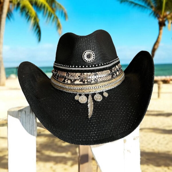 decorated hat, hats decorated in Colombia, personalized hats made from iraca palm, handmade hats with embroidery, test1234, Tribe Rock Black Custom Cowboy Hat