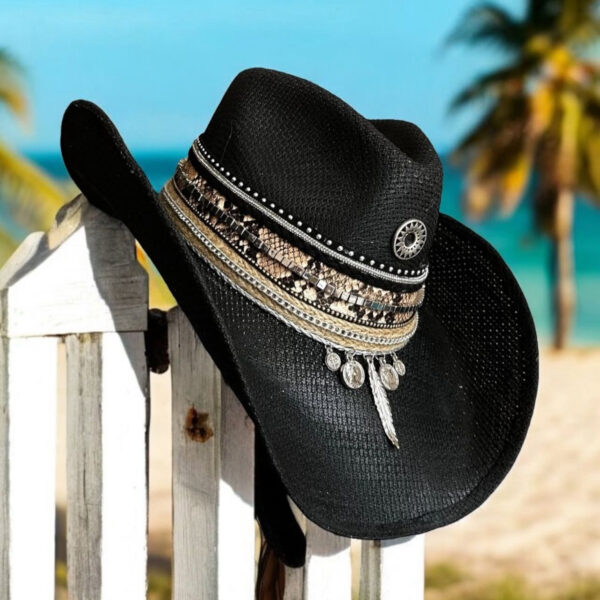 decorated hat, hats decorated in Colombia, personalized hats made from iraca palm, handmade hats with embroidery, test1234, Tribe Rock Black Custom Cowboy Hat