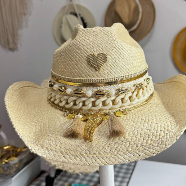 decorated hat, hats decorated in Colombia, personalized hats made from iraca palm, handmade hats with embroidery, test1234, Jaipur gold heart cowboy hat 250303004 00001