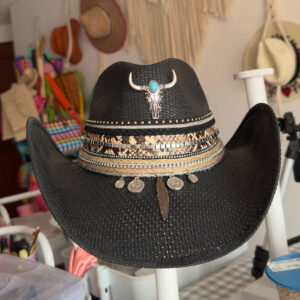 decorated hat, hats decorated in Colombia, personalized hats made from iraca palm, handmade hats with embroidery, test1234, Tribe Decorated Bull Black Cowboy Hat