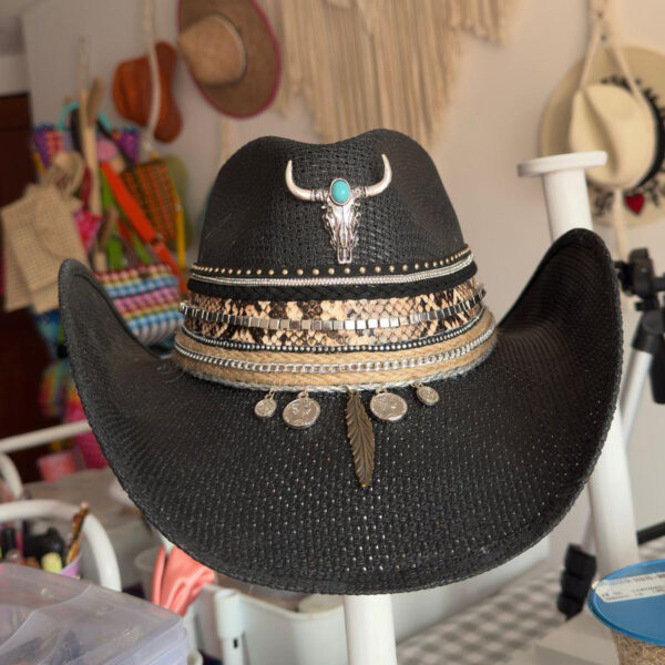 decorated hat, hats decorated in Colombia, personalized hats made from iraca palm, handmade hats with embroidery, test1234, Tribe Decorated Bull Black Cowboy Hat