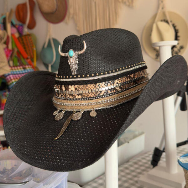 decorated hat, hats decorated in Colombia, personalized hats made from iraca palm, handmade hats with embroidery, test1234, Tribe Decorated Bull Black Cowboy Hat